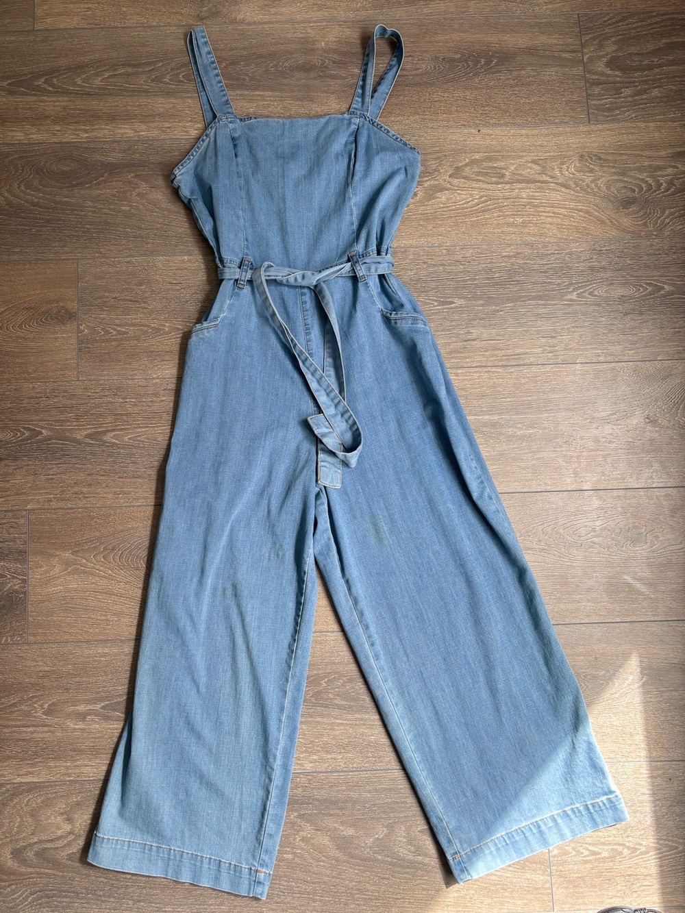 Light Blue Denim Wide-Leg Jumpsuit with Tie Belt